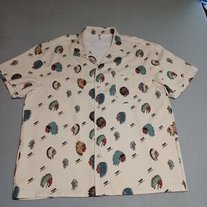 Studio One Mens 2XL Short Sleeve Button Up Shirt Headdress Print Cream Graphic